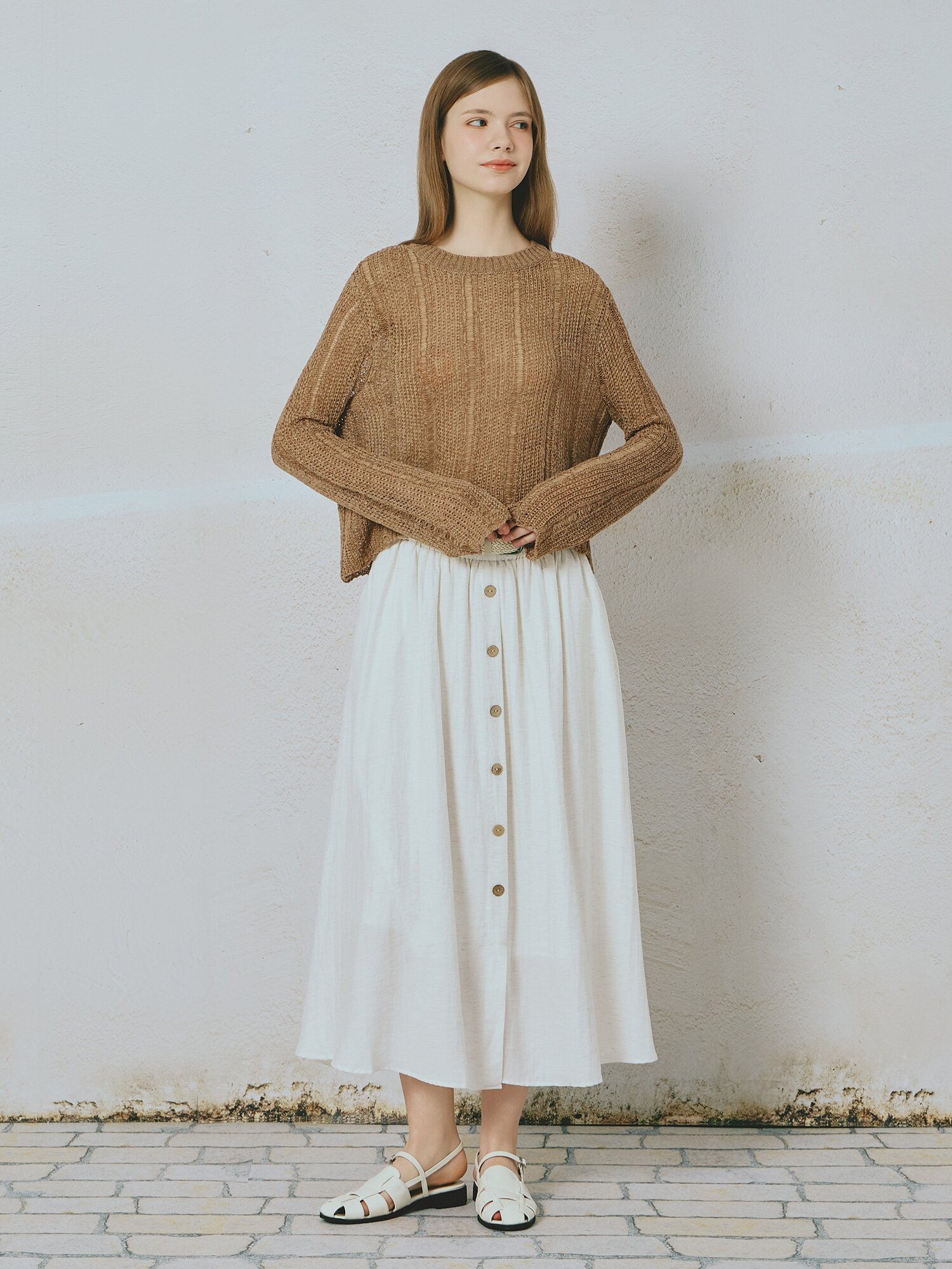 내추럴 벨티드 플레어 스커트 (IVORY)