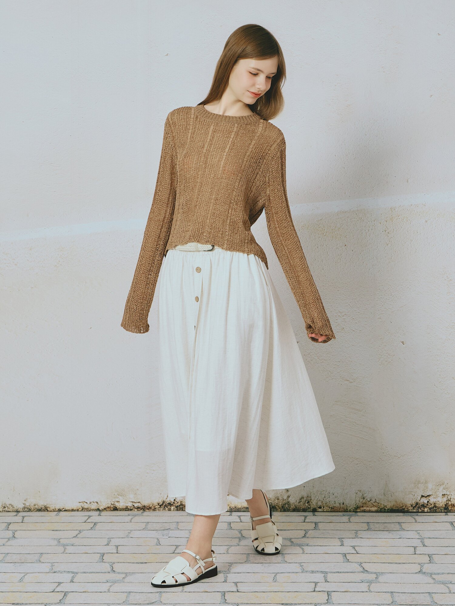 내추럴 벨티드 플레어 스커트 (IVORY)