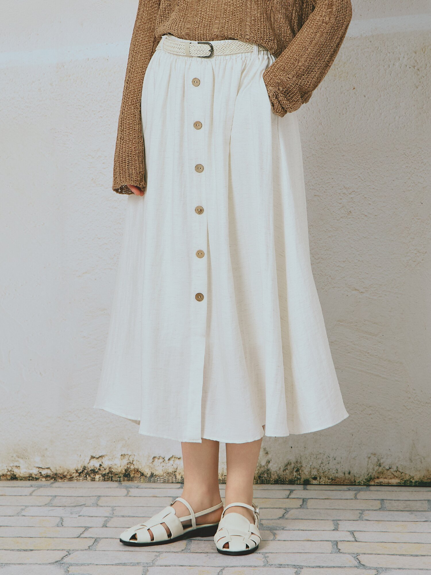 내추럴 벨티드 플레어 스커트 (IVORY)