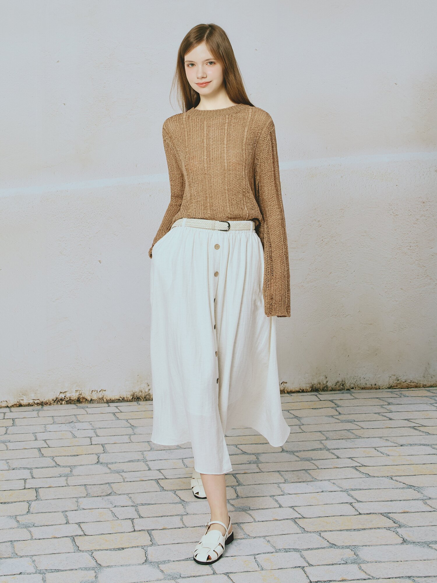 내추럴 벨티드 플레어 스커트 (IVORY)