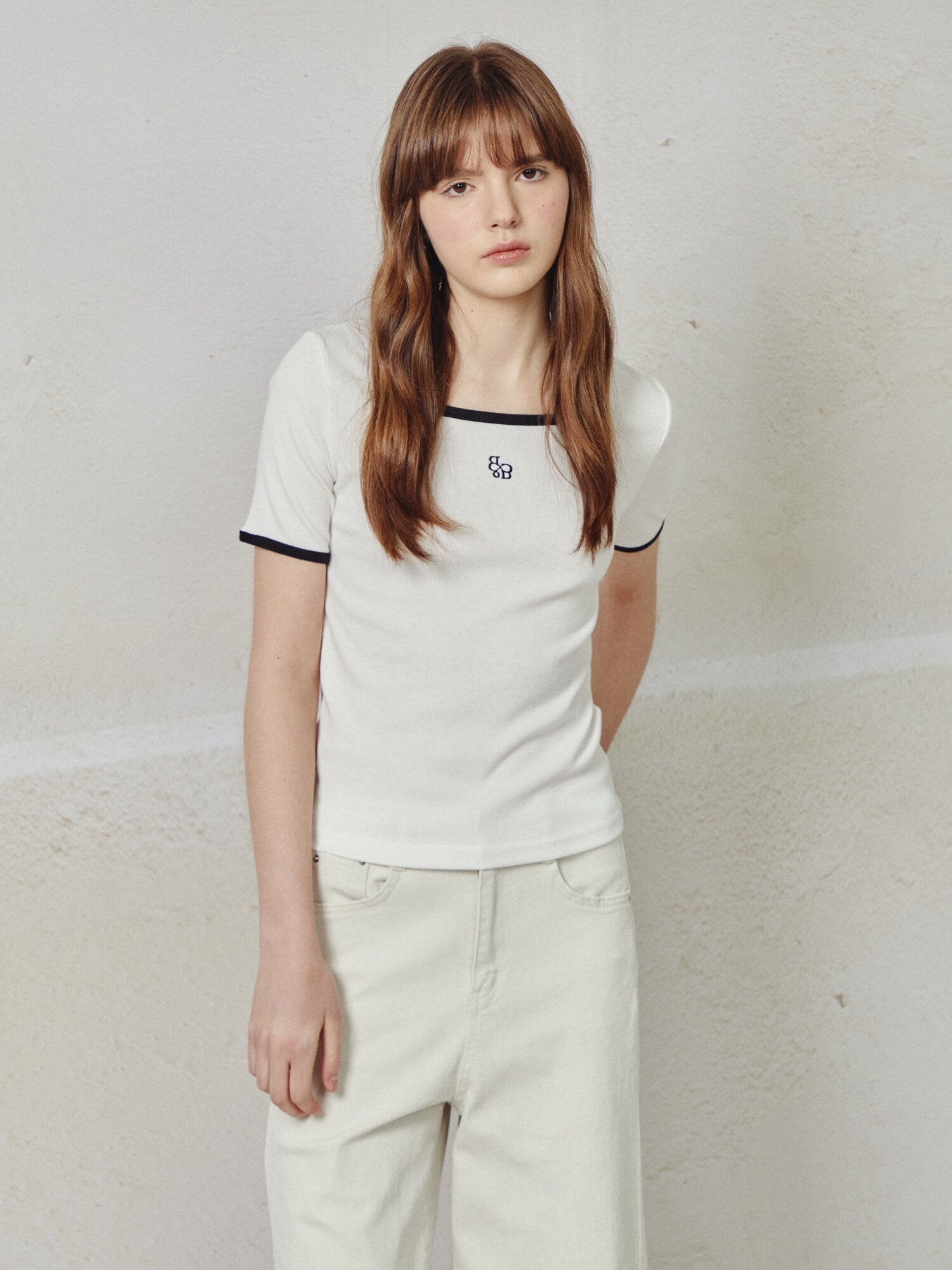 스퀘어넥 링거 티셔츠 (IVORY)