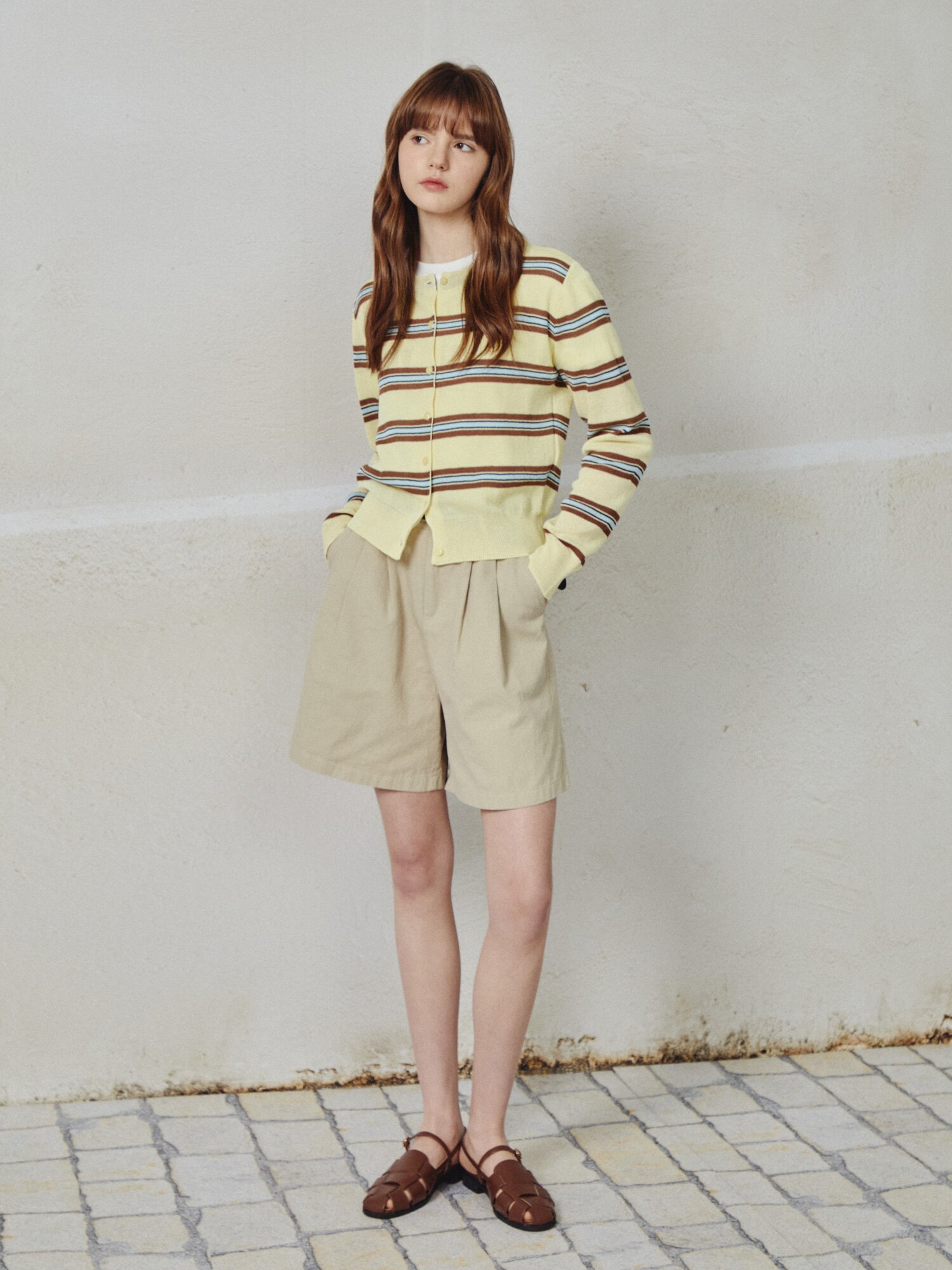 멀티 스트라이프 라운드넥 카디건 (YELLOW)