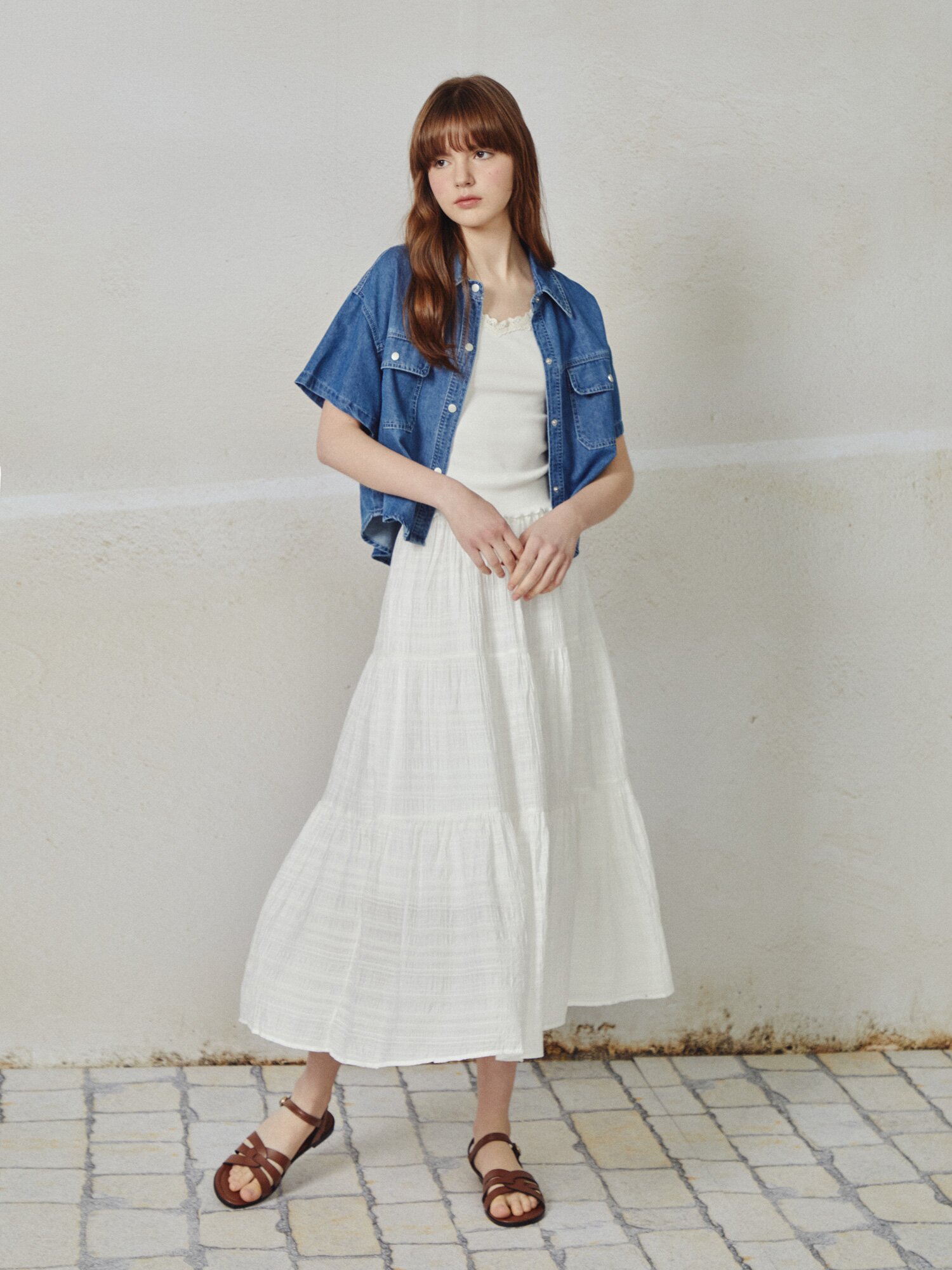 셔링 밴딩 플레어 스커트 (WHITE)