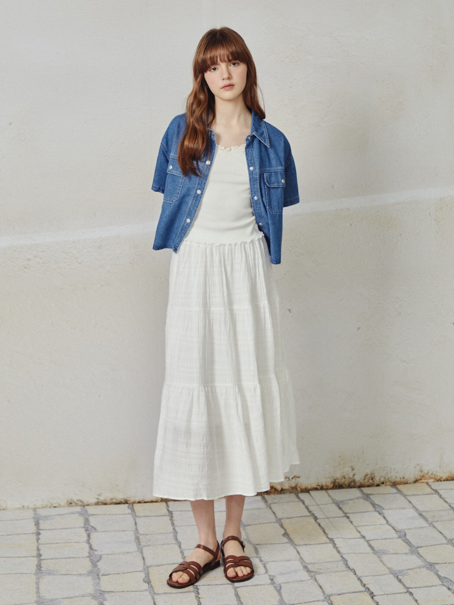 셔링 밴딩 플레어 스커트 (WHITE)