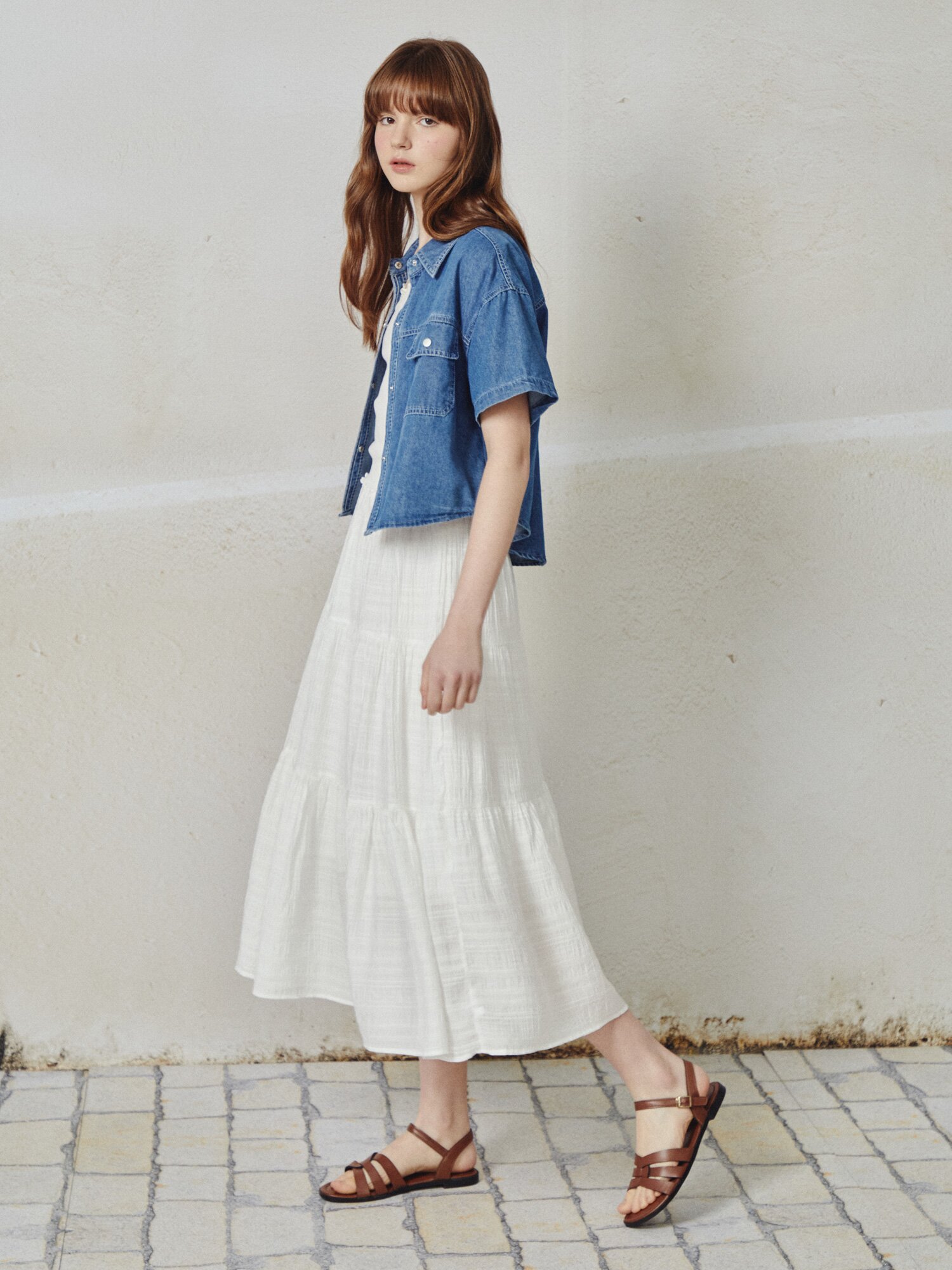 셔링 밴딩 플레어 스커트 (WHITE)