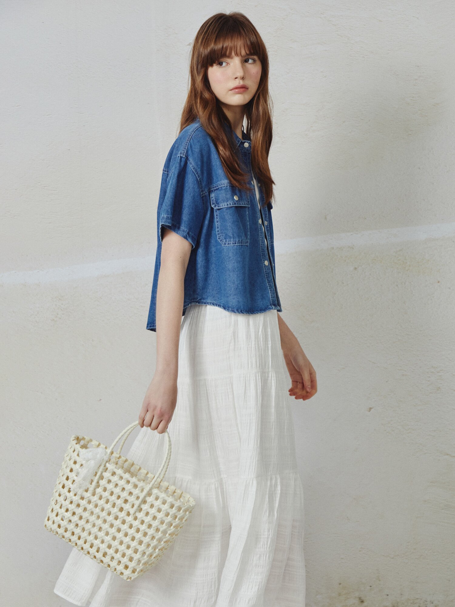 셔링 밴딩 플레어 스커트 (WHITE)