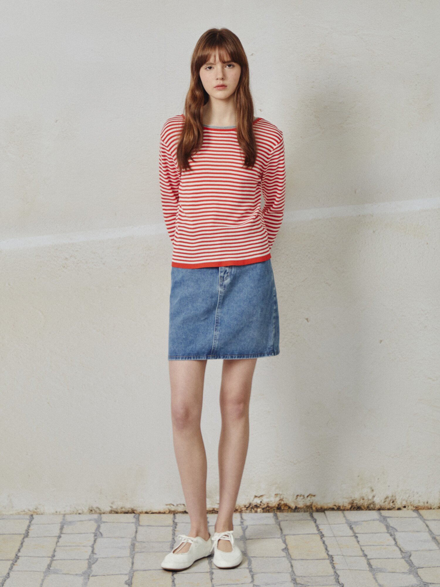 스트라이프 백 스트랩 니트 (RED)