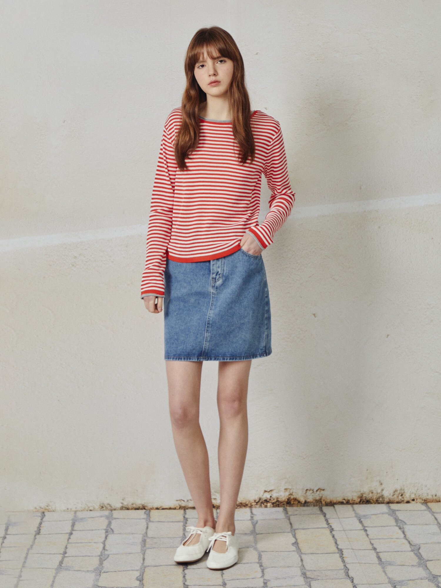 스트라이프 백 스트랩 니트 (RED)