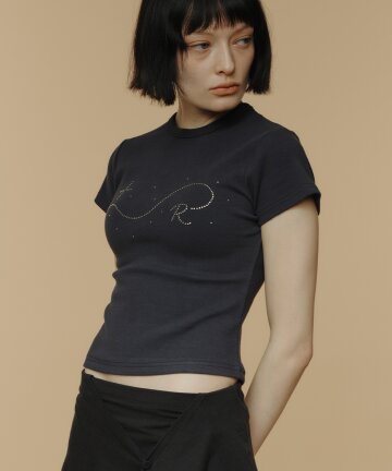 Signature R Wave Crop Cotton T-Shirt (Navy)