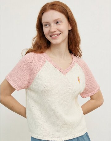 스위트 청키 레글런 브이넥 반팔 풀오버 니트_핑크_S M