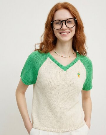 스위트 청키 자수 브이넥 레글런 반팔 니트 탑_그린_S M