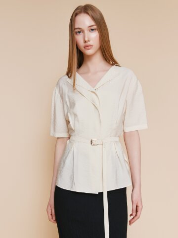 벨티드 레이어 칼라 블라우스 