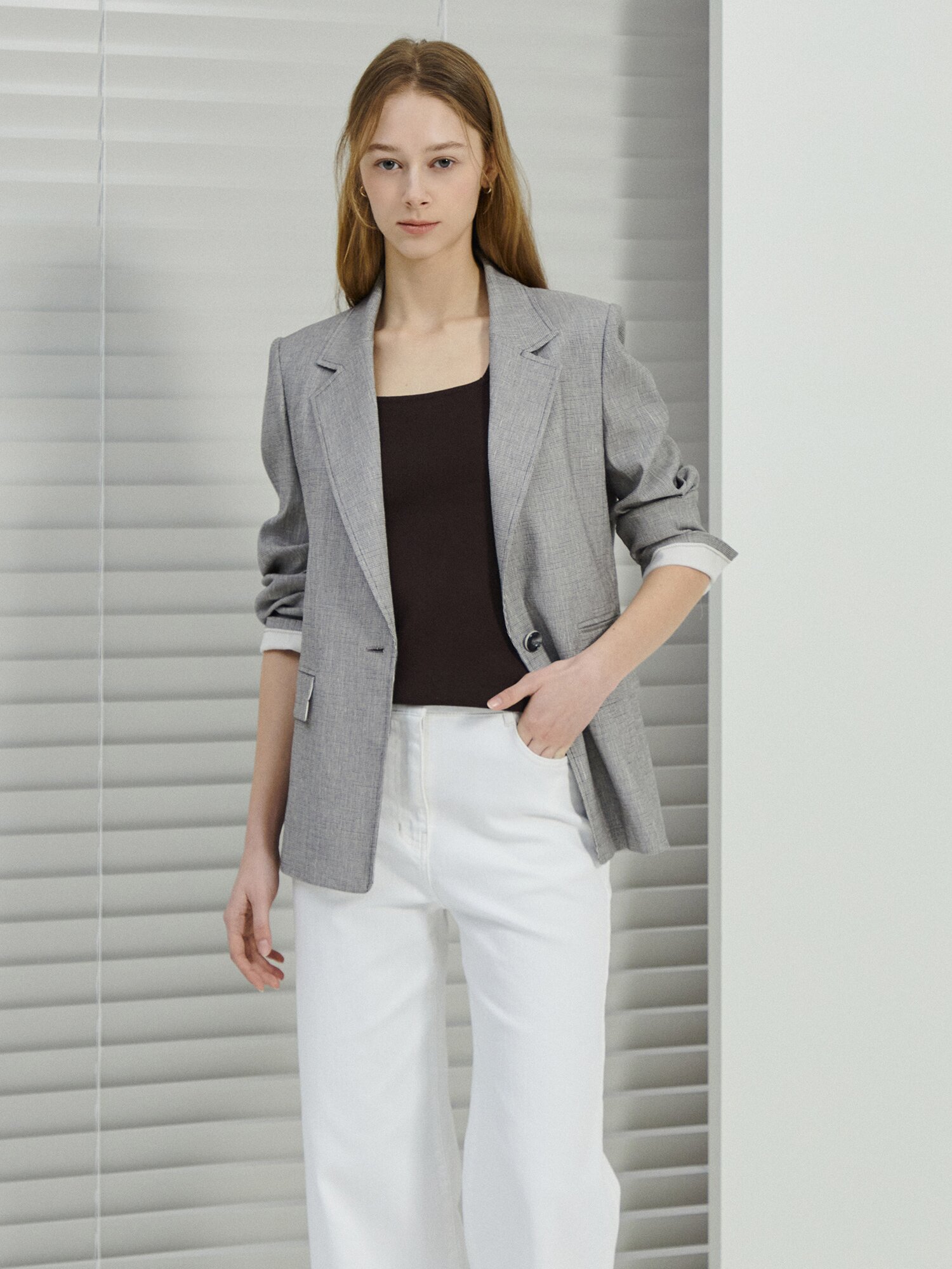 린넨 백 슬릿 싱글 원버튼 재킷 (MELANGE BLACK)