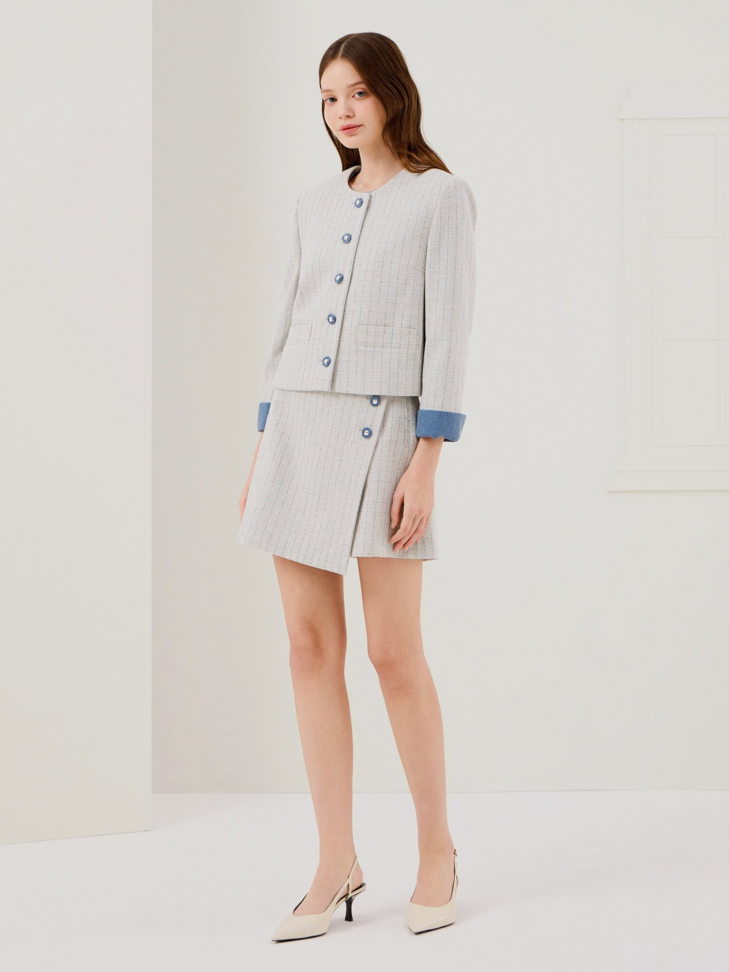 디테쳐블 커프스 트위드 재킷 (GREY)