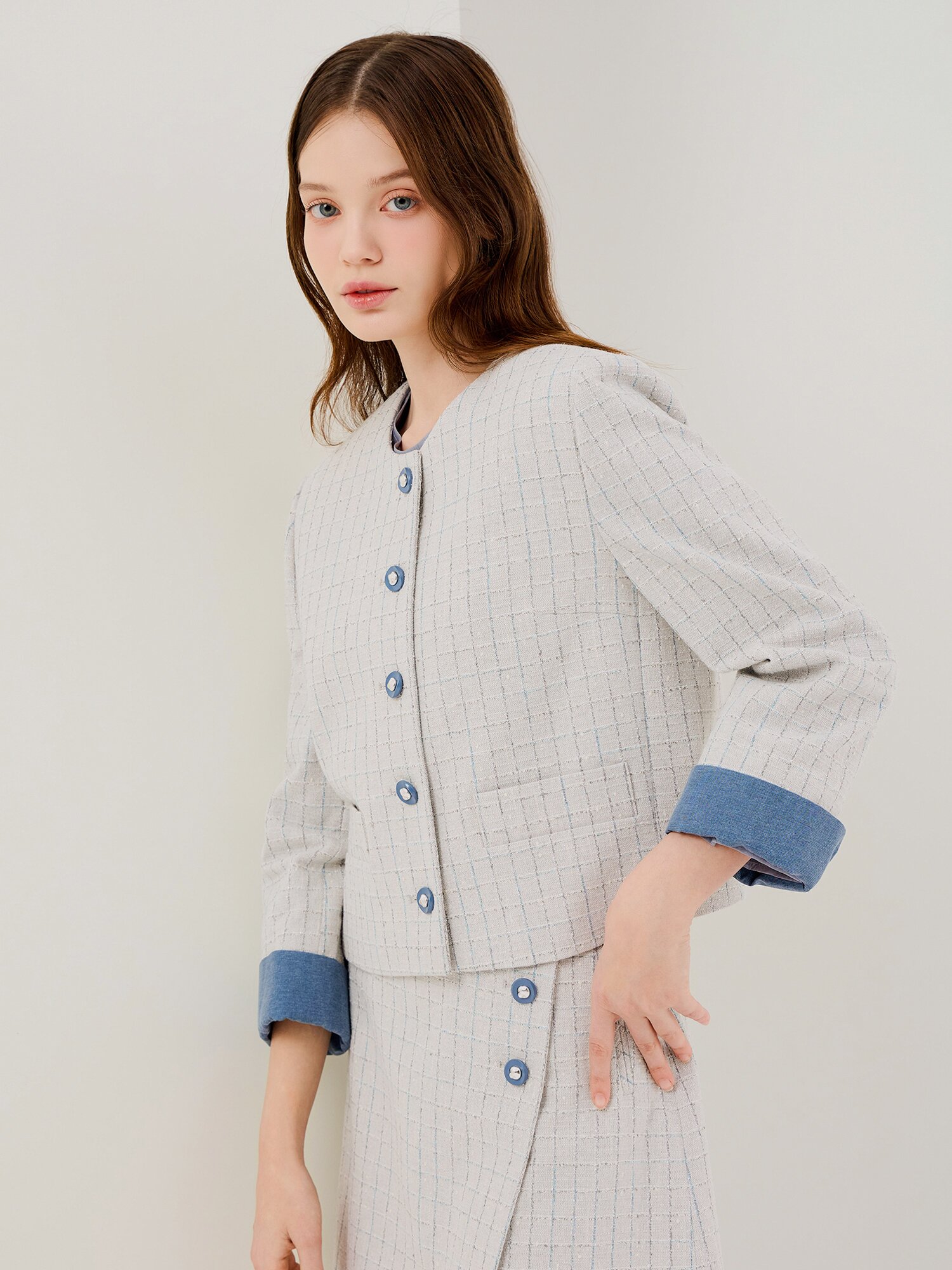 디테쳐블 커프스 트위드 재킷 (GREY)