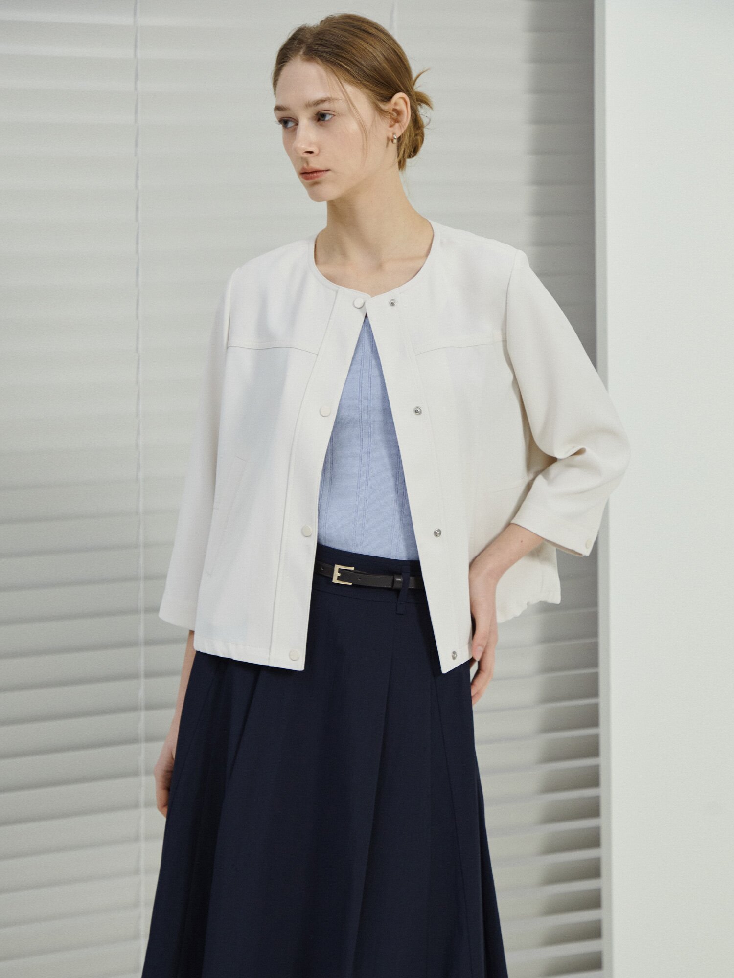 스트링 7부 라운드넥 재킷 (CREAM)