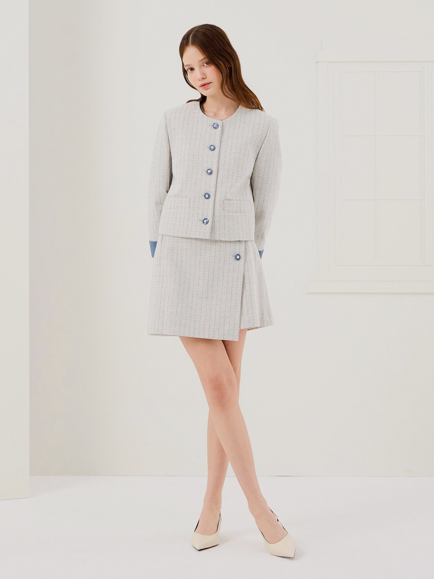 트위드 버튼 미니 랩 스커트 (GREY)