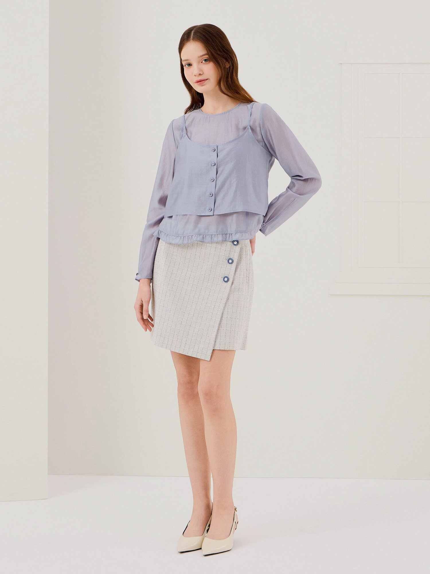 트위드 버튼 미니 랩 스커트 (GREY)