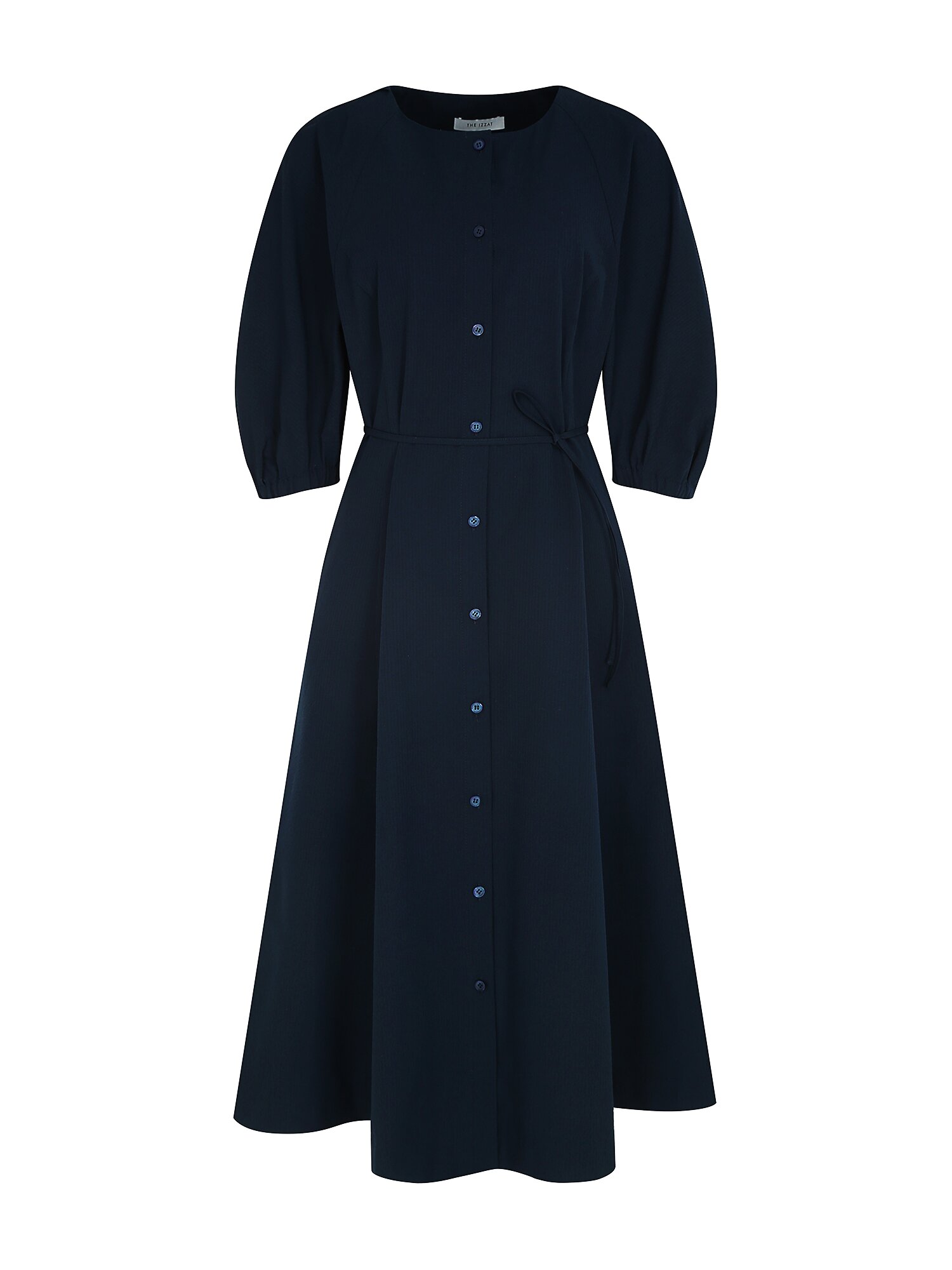 벨티드 라운드넥 플레어 원피스 (NAVY)