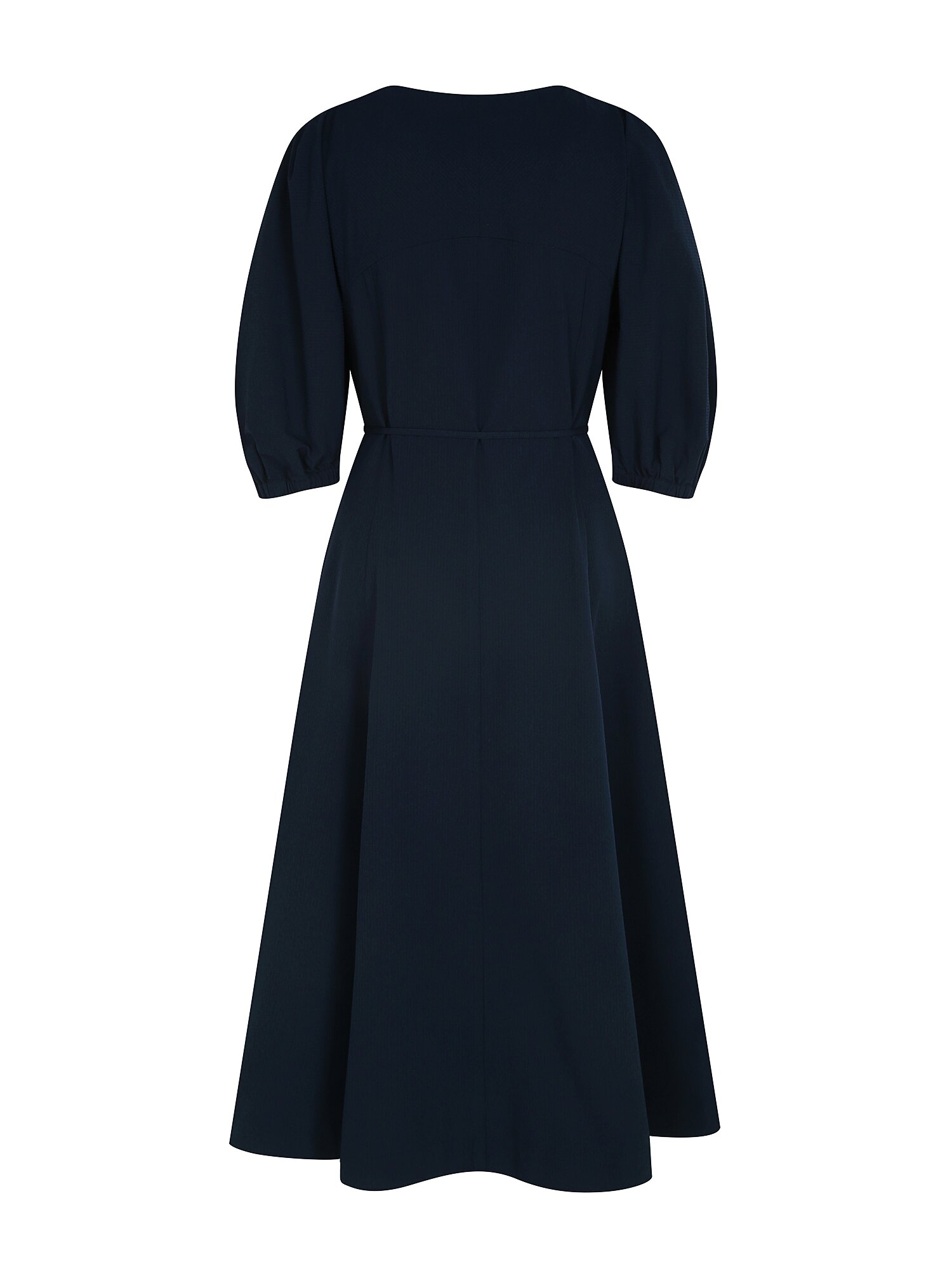 벨티드 라운드넥 플레어 원피스 (NAVY)