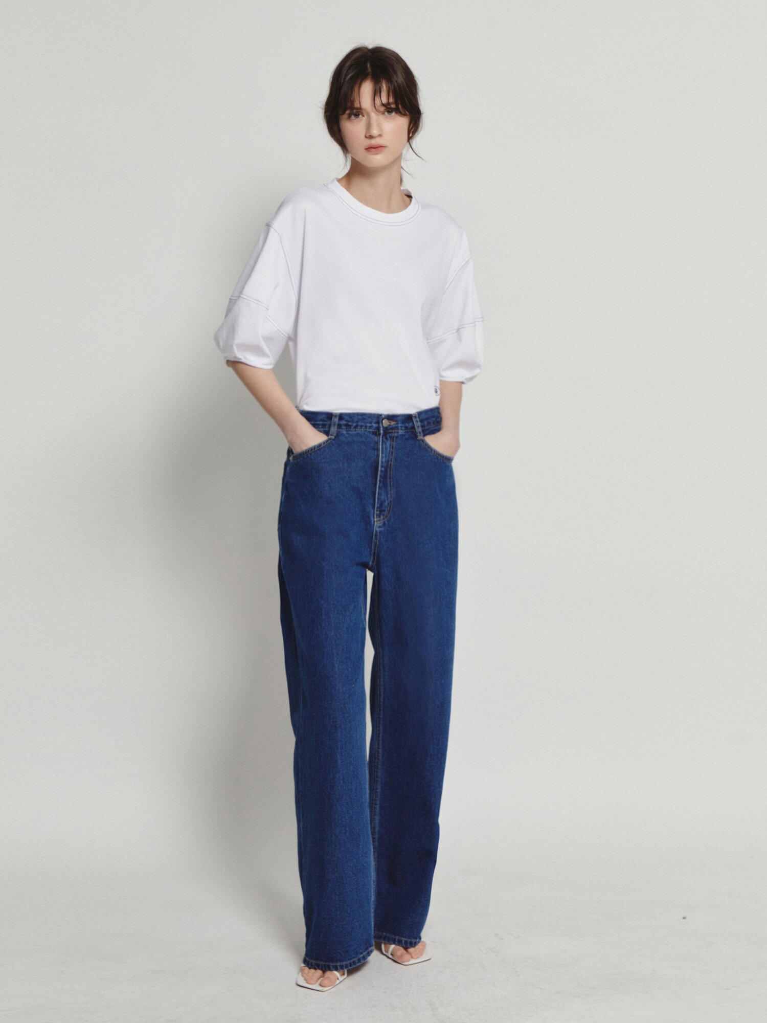 스티치 백 밴딩 일자핏 데님 팬츠 (BLUE)