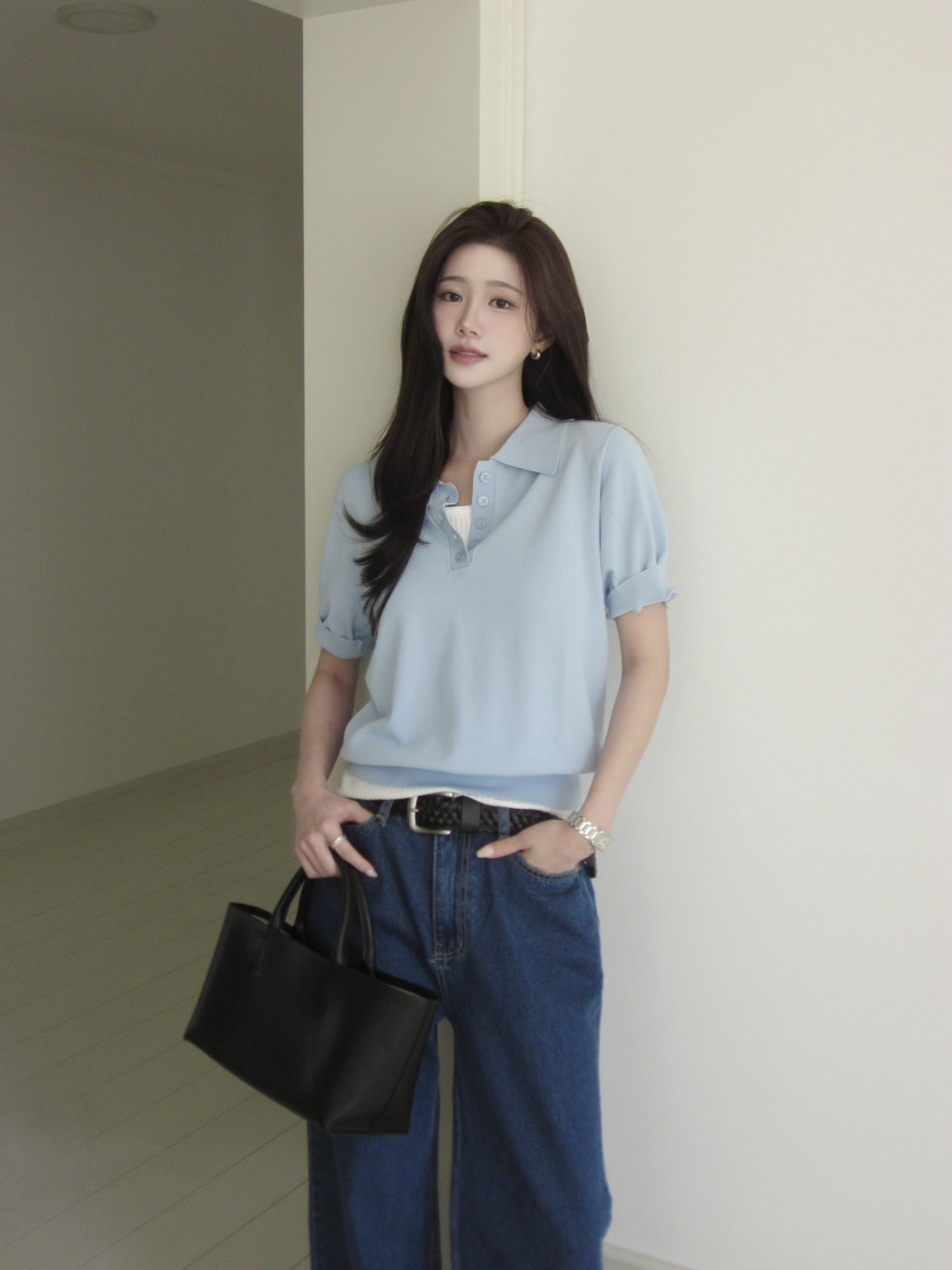 스티치 백 밴딩 일자핏 데님 팬츠 (BLUE)