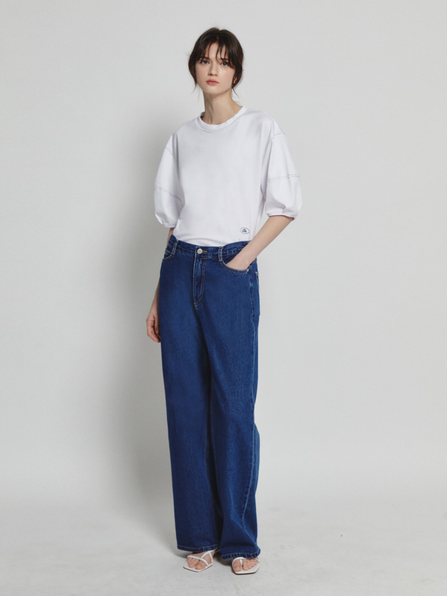 스티치 백 밴딩 일자핏 데님 팬츠 (BLUE)