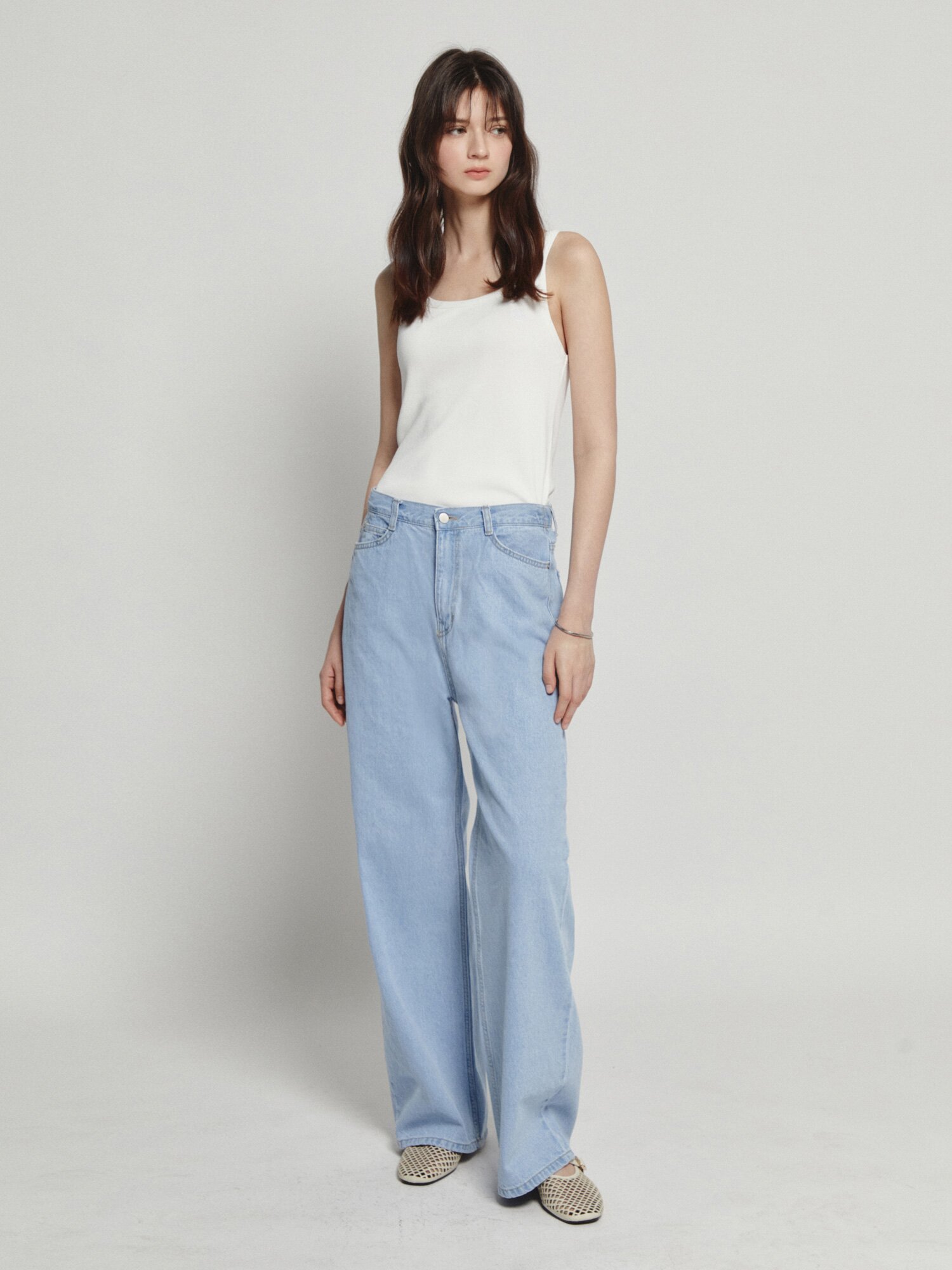 스티치 백 밴딩 일자핏 데님 팬츠 (LIGHT BLUE)