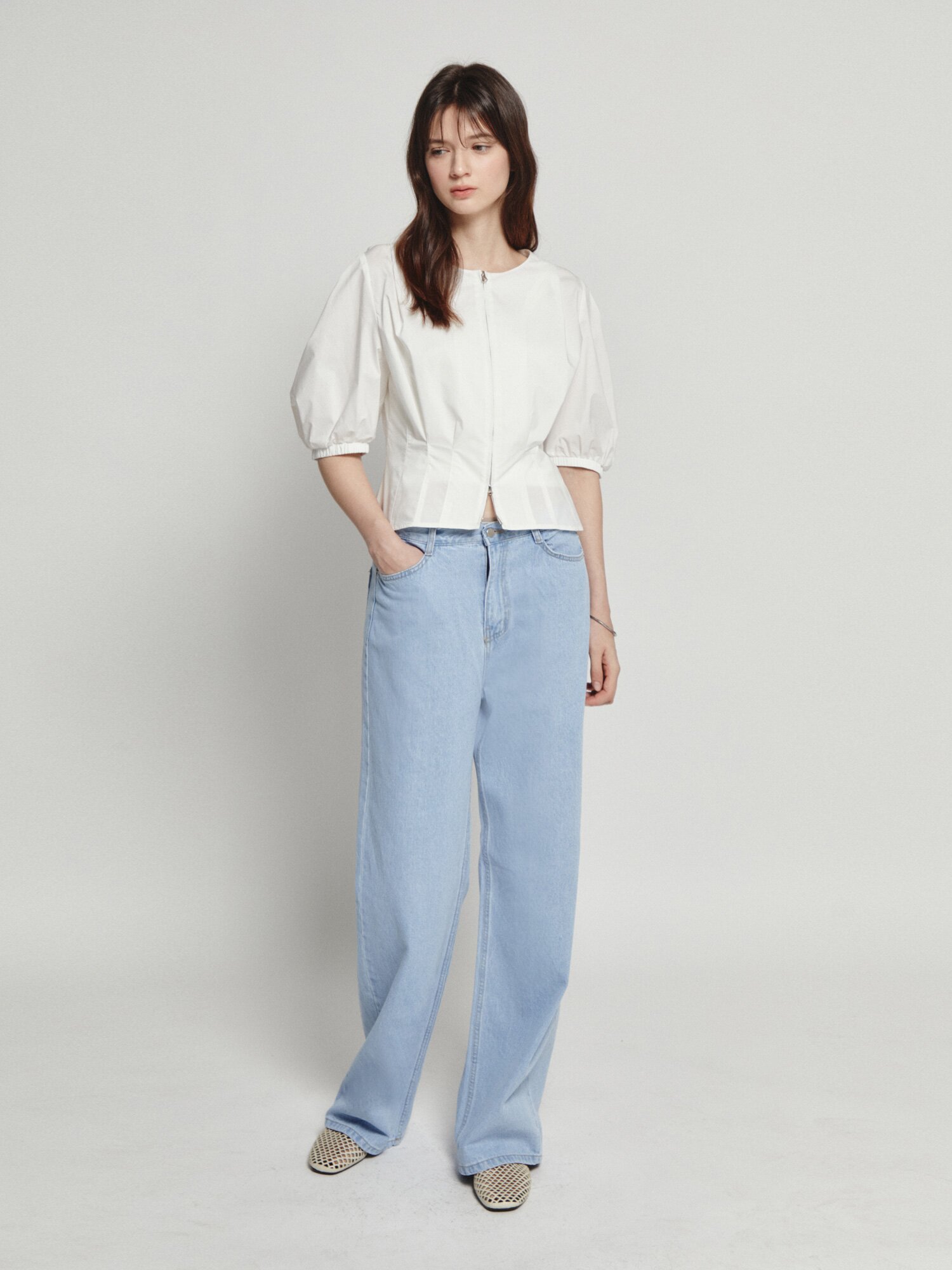 스티치 백 밴딩 일자핏 데님 팬츠 (LIGHT BLUE)