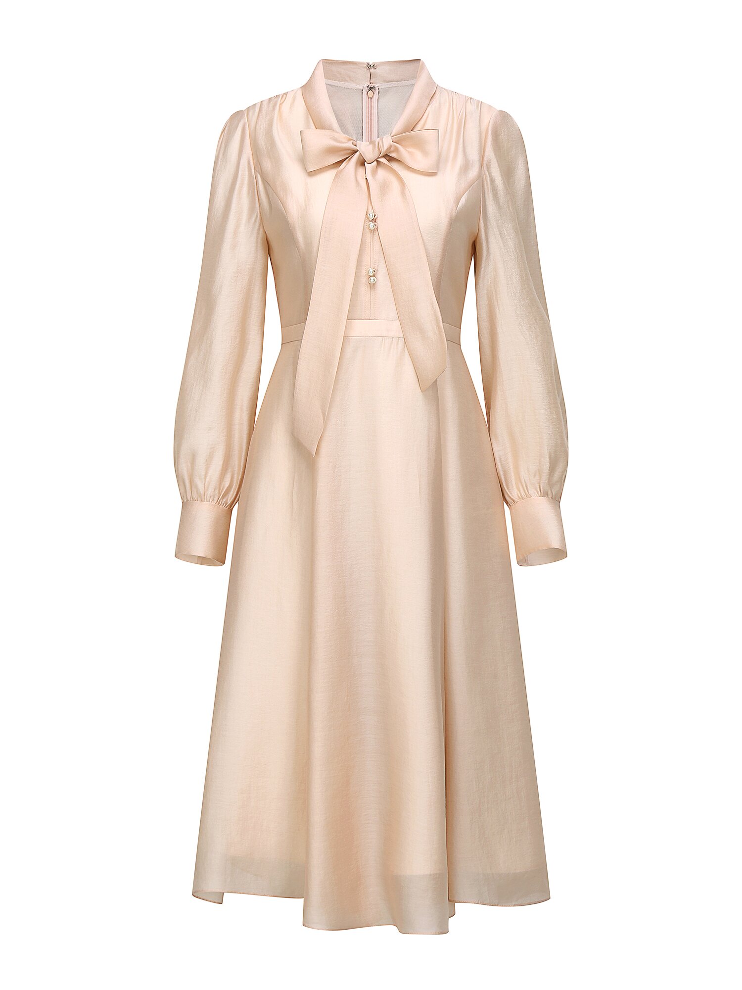 펄 버튼 타이넥 플레어 원피스 (LIGHT BEIGE)