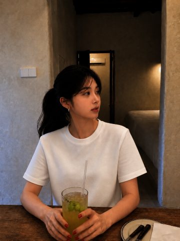 스판 자수 라운드넥 티셔츠 