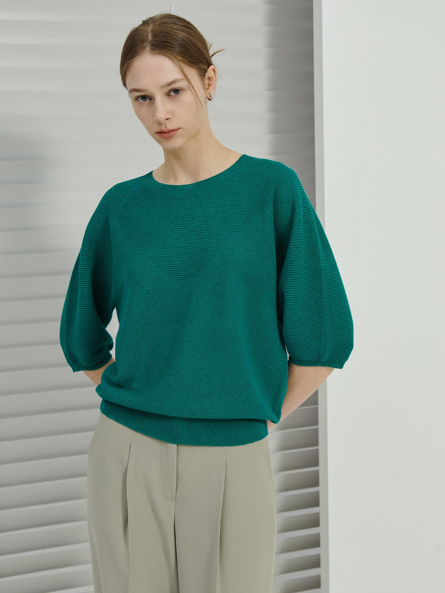 린넨 홀가먼트 래글런 풀오버 니트 (GREEN)