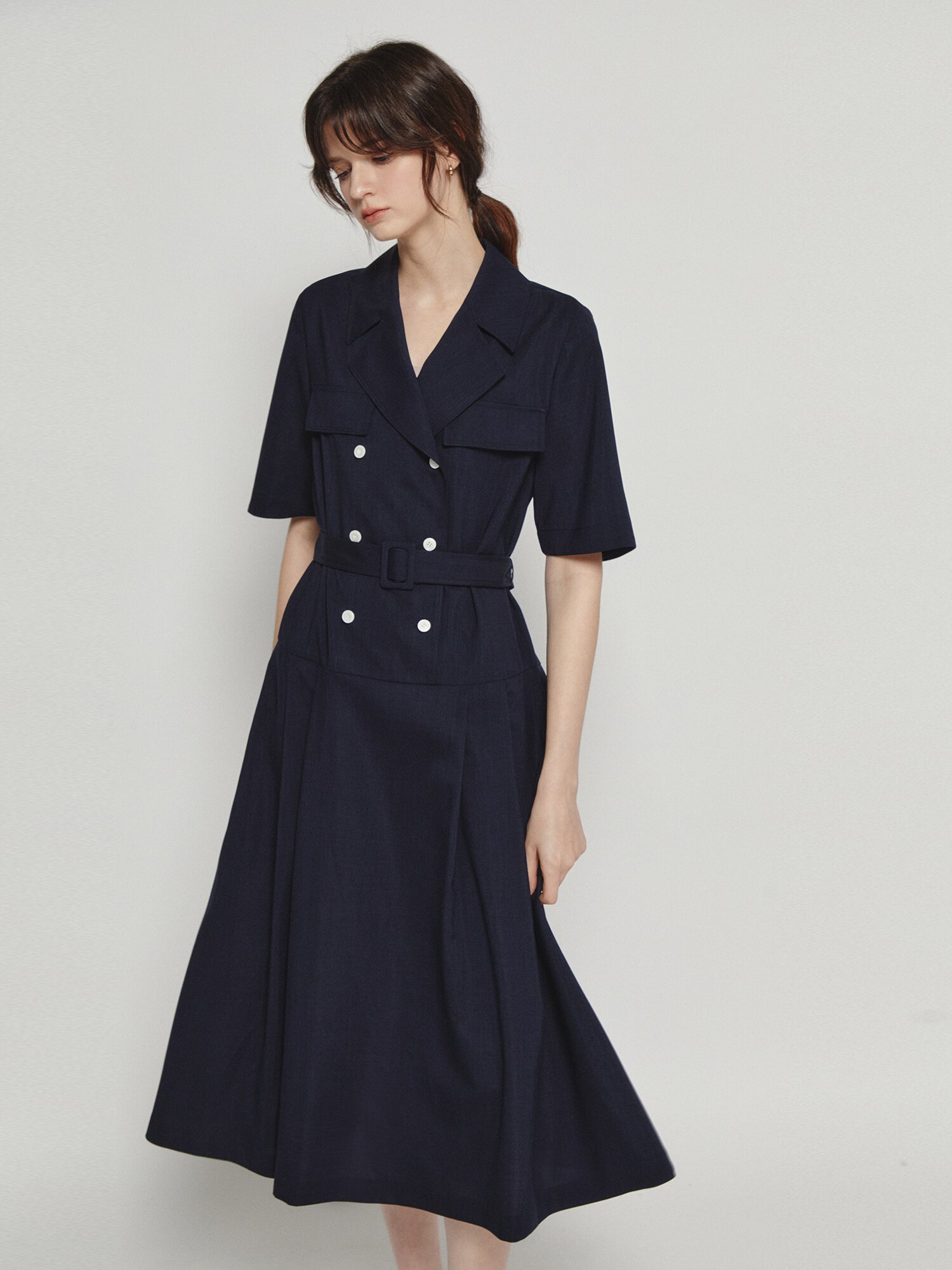 더블 버튼 로우 웨이스트 원피스 (NAVY)