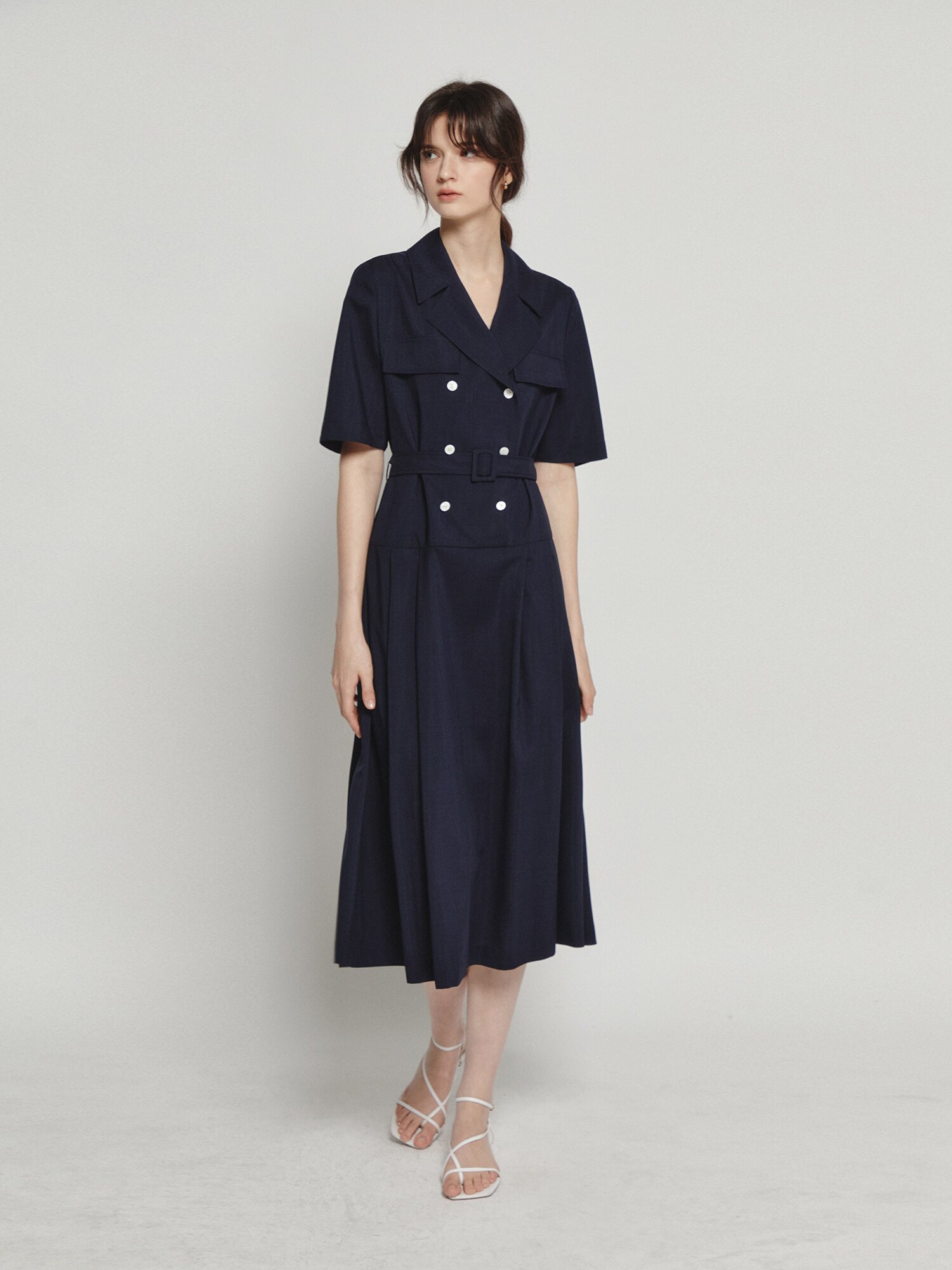 더블 버튼 로우 웨이스트 원피스 (NAVY)