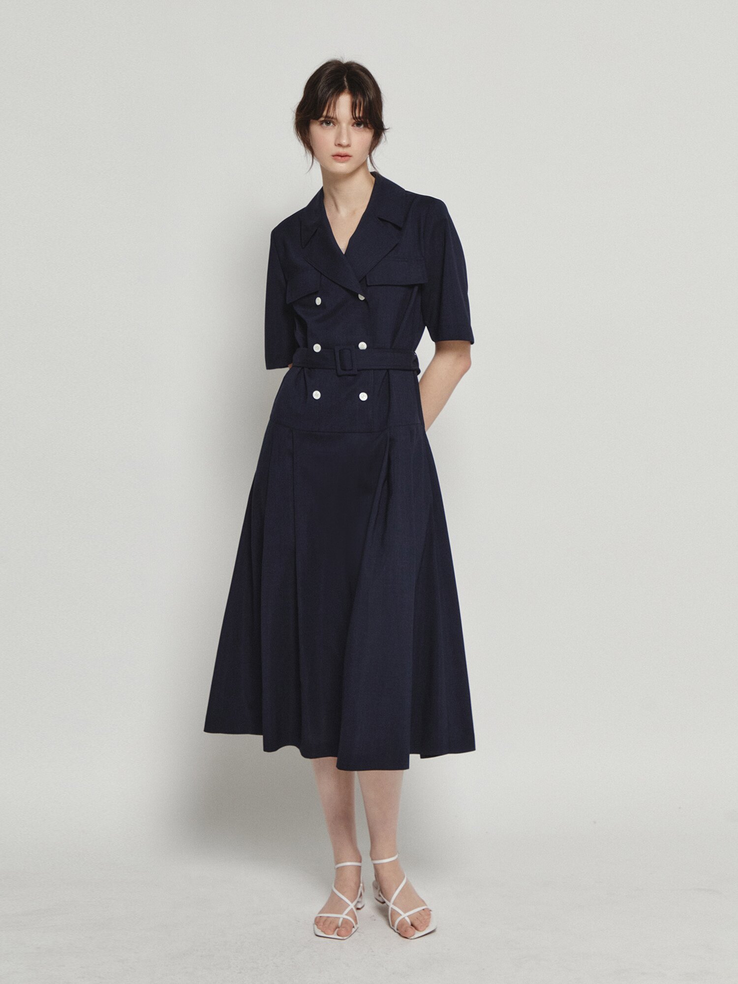 더블 버튼 로우 웨이스트 원피스 (NAVY)