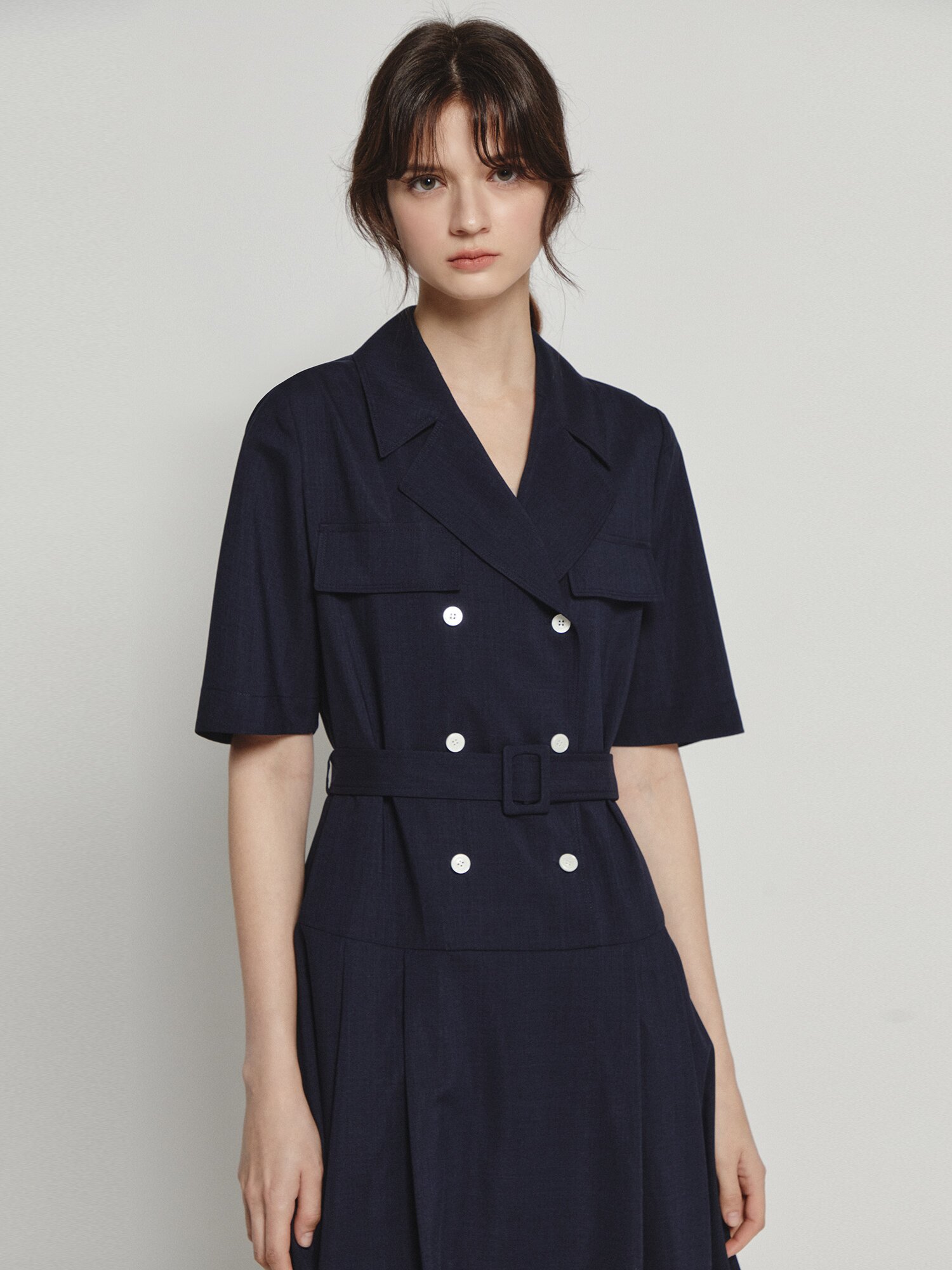 더블 버튼 로우 웨이스트 원피스 (NAVY)