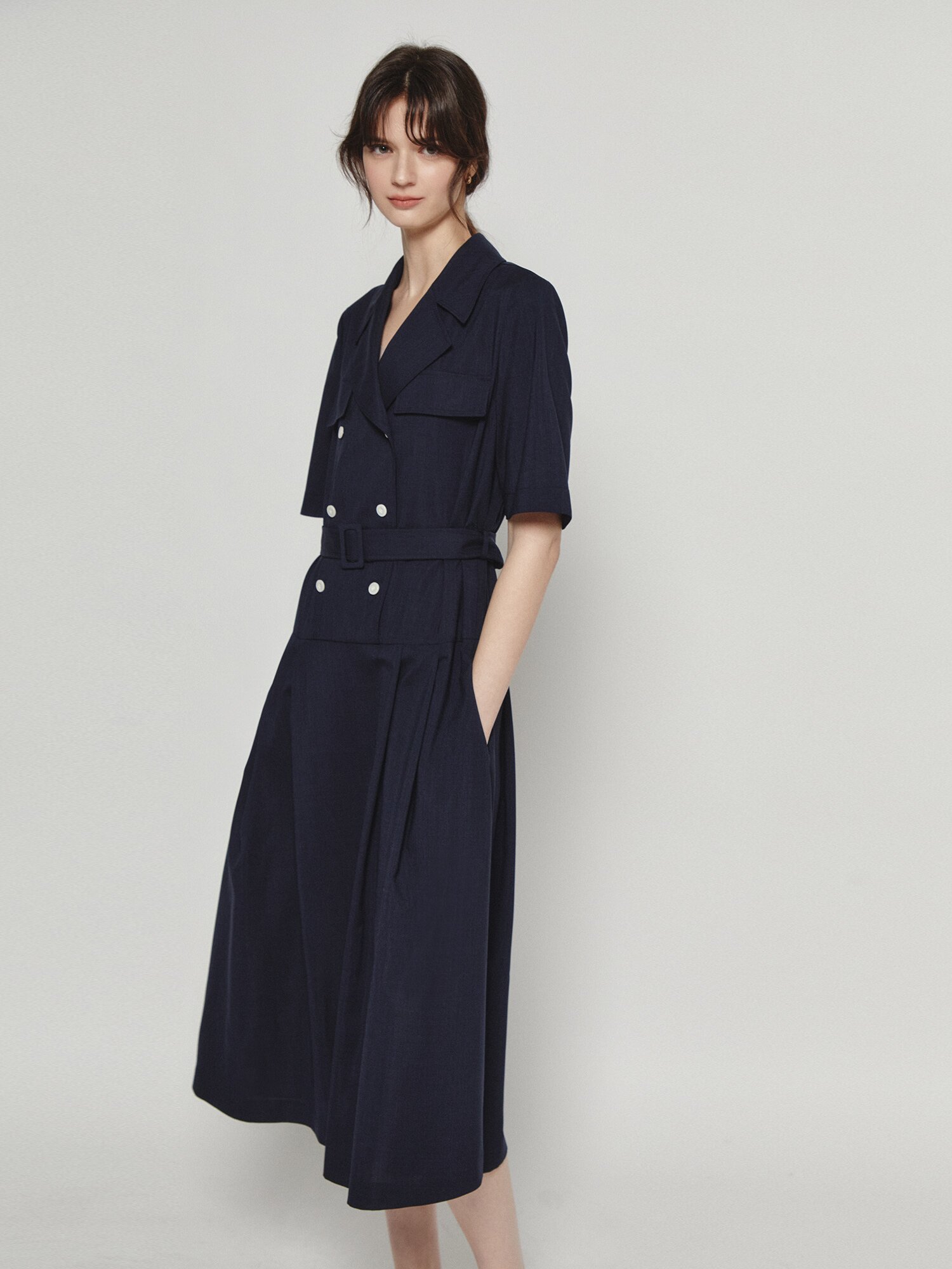 더블 버튼 로우 웨이스트 원피스 (NAVY)