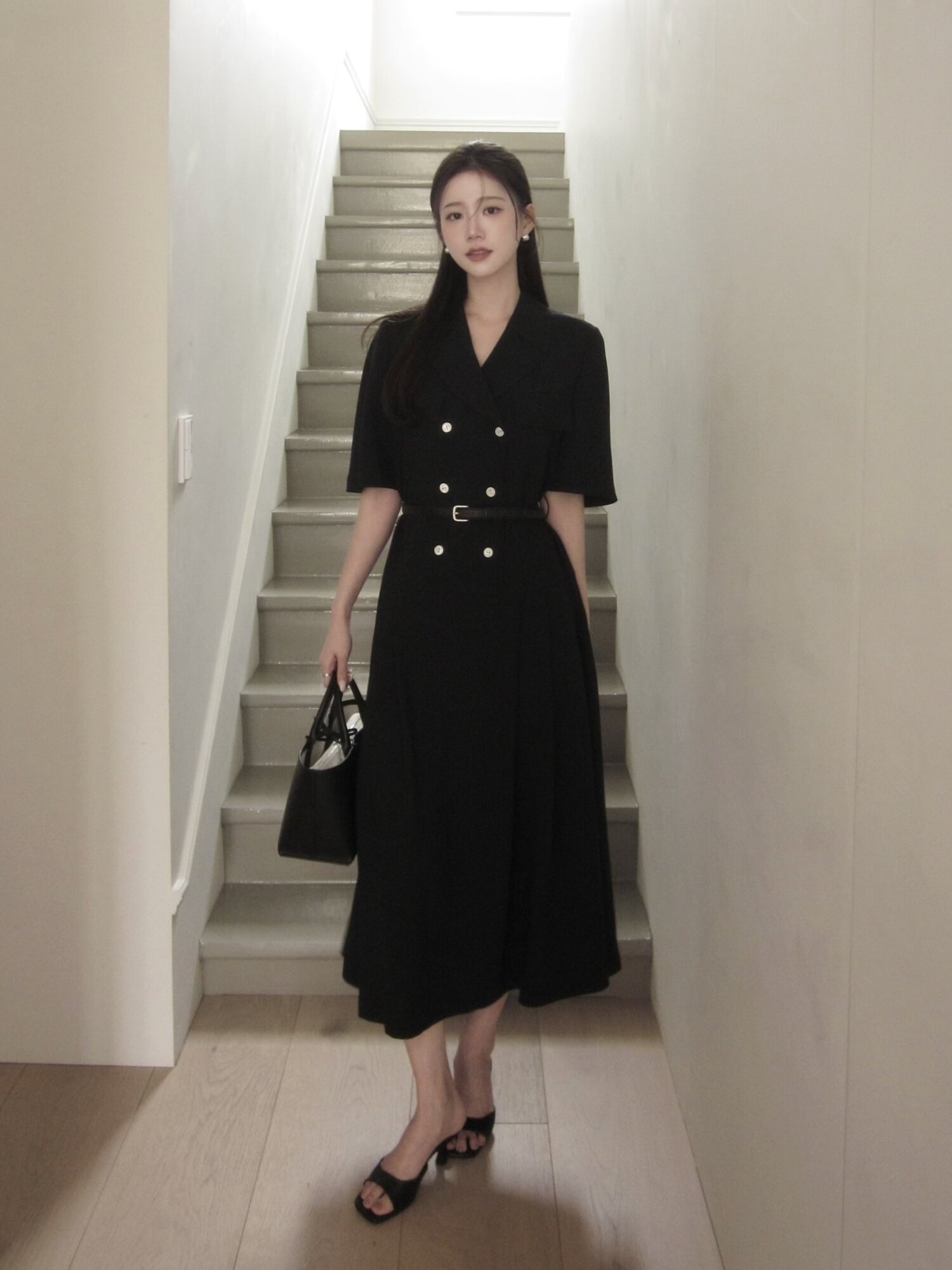 더블 버튼 로우 웨이스트 원피스 (NAVY)