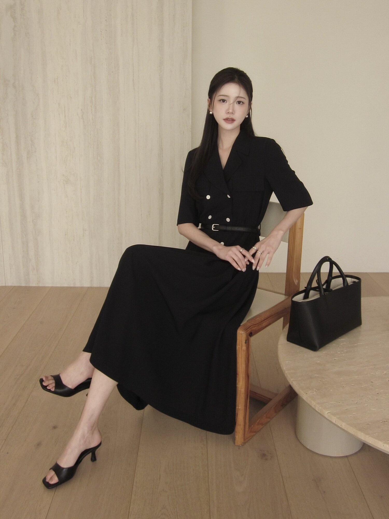 더블 버튼 로우 웨이스트 원피스 (NAVY)