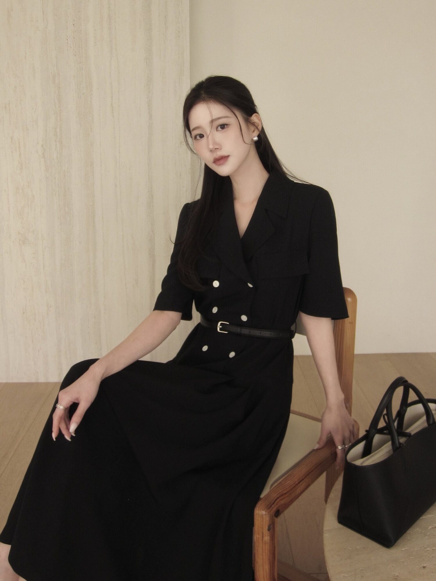 더블 버튼 로우 웨이스트 원피스 (NAVY)