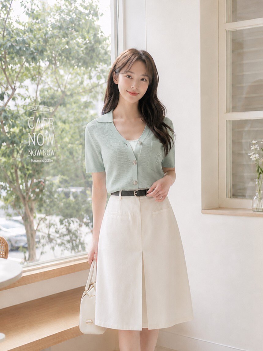 자수 포켓 브이 칼라 가디건 (MINT)