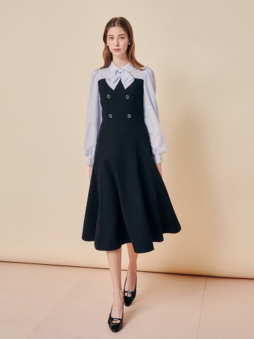시폰 보우 타이 더블 버튼 드레스 