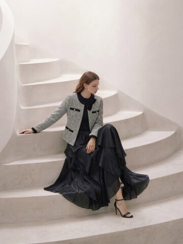 보우 코사지 주얼 버튼 트위드 재킷 