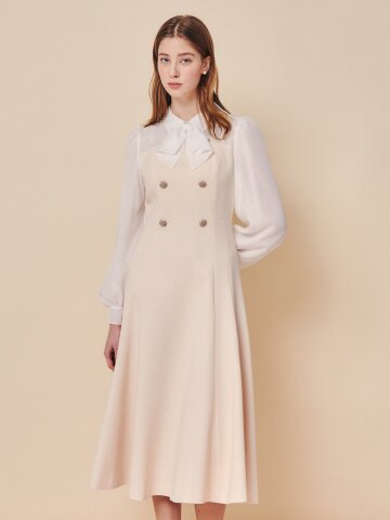 시폰 보우 타이 더블 버튼 드레스 
