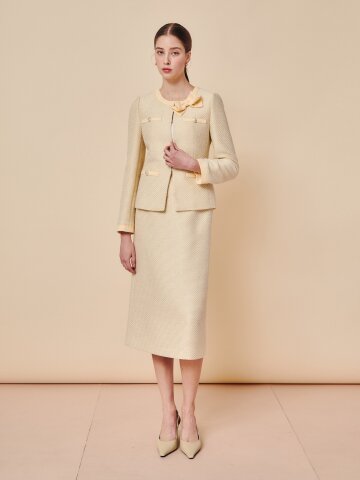 파인 트위드 트리밍 미디 스커트 