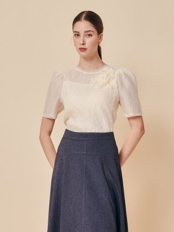 시어 크링클 아플리케 블라우스 