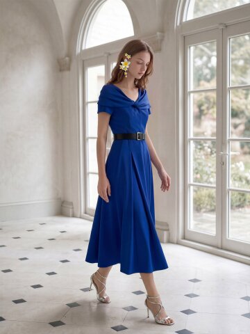 쿠튀르 드레이프 숄 플레어 드레스 