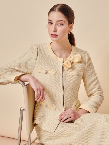 보우 코사지 주얼 버튼 트위드 재킷 
