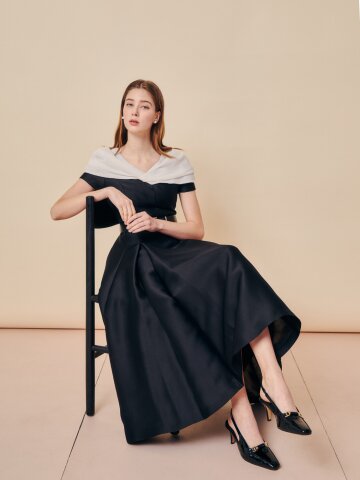 쿠튀르 드레이프 숄 플레어 드레스 