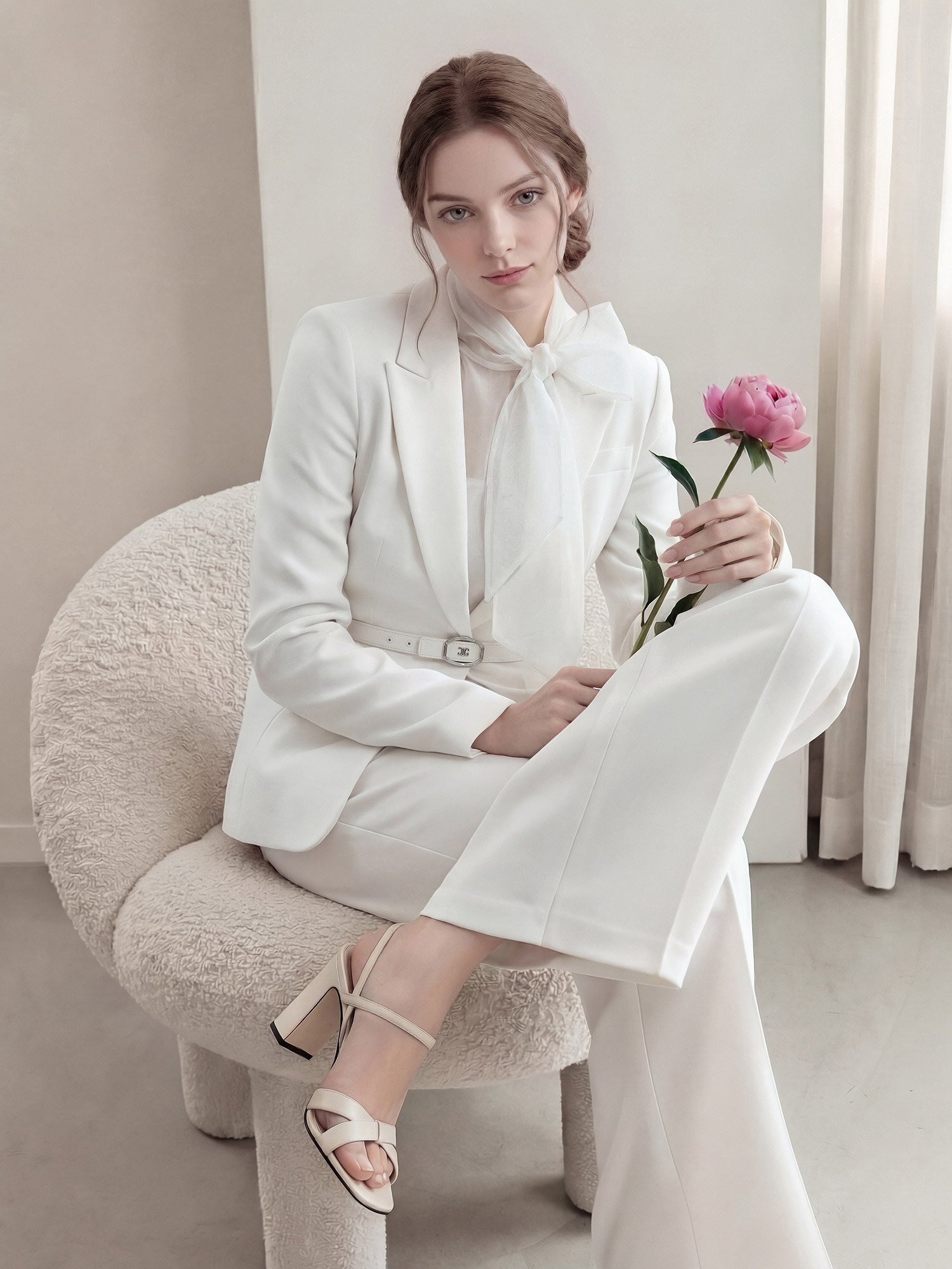 시어 페미닌 보우 타이 블라우스 (WHITE)